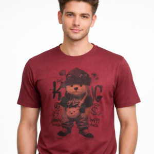 Men’s Maroon Teddy Bear Graphic Printed Round Neck T-Shirt