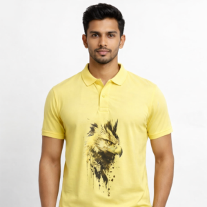 Men’s Yellow Polo T-Shirt with Artistic Eagle Print – Premium Street Style